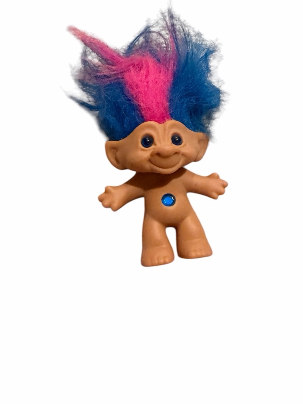 Vintage 1998 Treasure Troll TISH Blue & Pink Hair Troll Doll w/ Belly Gem